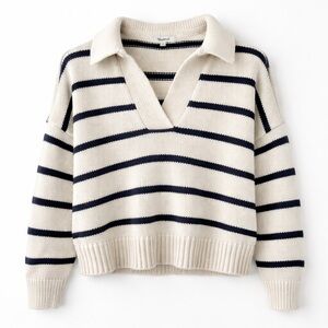Madewell Cream Navy Striped Collared Sweater Nautical Fisherman Knit XXS Coastal